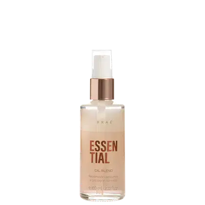 Óleo essencial Brae em frasco transparente de 60ml/2.02fl oz. Embalagem com tampa rosada metálica. Rótulo com texto "ESSENTIAL OIL BLEND" e "Reparação profunda e proteção térmica" em letras marrons sobre fundo bege claro.