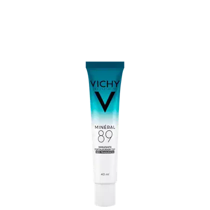 Tubo de creme hidratante Vichy Mineral 89, com embalagem em tons de azul e branco, contendo 40 ml do produto. O rótulo destaca o nome "Mineral 89" e a informação "Hidratante fortalecedor 72h sem fragância".