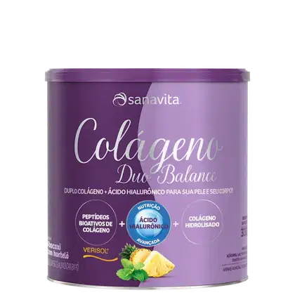 Lata roxa da marca Sanavita contendo o produto "Colágeno Duo Balance", com informações sobre os ingredientes de colágeno hidrolisado e ácido hialurônico.