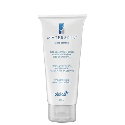 Loção corporal Materskin em embalagem branca com rótulo azul, contendo óleos de amêndoas, macadâmia e calêndula, promovendo hidratação intensiva e suavidade da pele da gestante.
