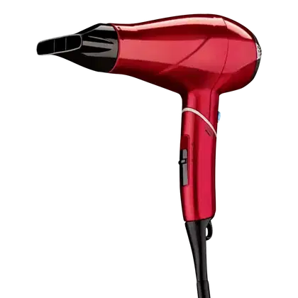 Secador de cabelo vermelho da Conair, com design compacto e ergonômico, apresentando controles e bocal pretos. O produto possui acabamento brilhante e destaca-se pela sua cor vibrante.