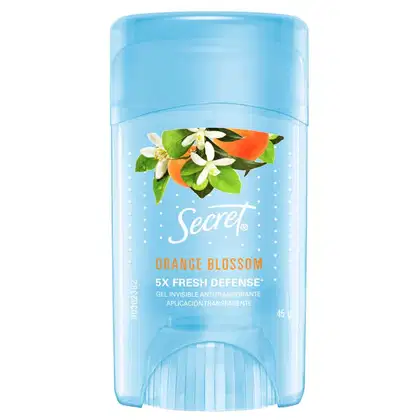 Desodorante em gel invisível da marca Secret, com fragrância de flor de laranjeira, apresentado em embalagem azul clara com detalhes em branco e laranja.
