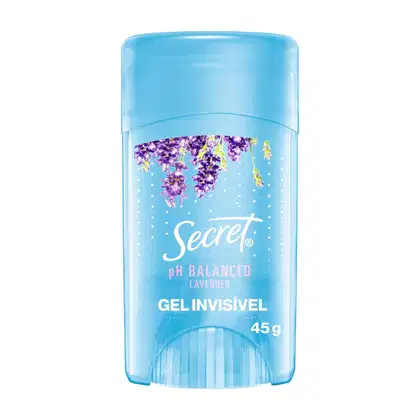 Gel desodorante invisível da marca Secret, com fragrância de lavanda, embalado em frasco azul claro com detalhes florais roxos e texto branco.