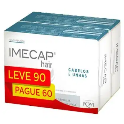 Caixa branca com rótulo "Imecap hair" em vermelho e azul, contendo cápsulas para cabelos e unhas. Promoção "Leve 90, pague 60" destacada na embalagem.