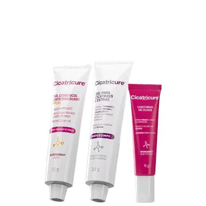 Três produtos da marca Cicatricure: um gel creme facial antissinais diurno, um gel para cicatrizes e estrias, e um contorno de olhos.
