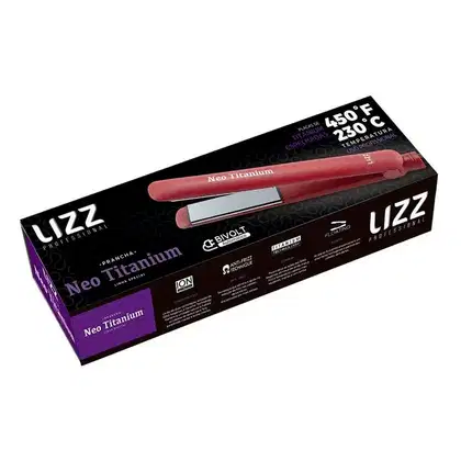 Chapinha Lizz Professional, chamado "Neo Titanium". A embalagem é uma caixa de cor roxa e preta, com o nome do produto e algumas informações técnicas impressas. O modelador em si é de cor vermelha, com um design cilíndrico e liso.