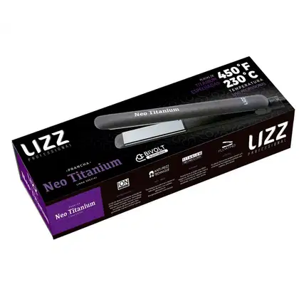 Chapinha Lizz Professional, chamado "Neo Titanium". A embalagem é uma caixa preta e roxa, com informações sobre as especificações do produto, como temperatura de uso entre 450°F e 230°C.