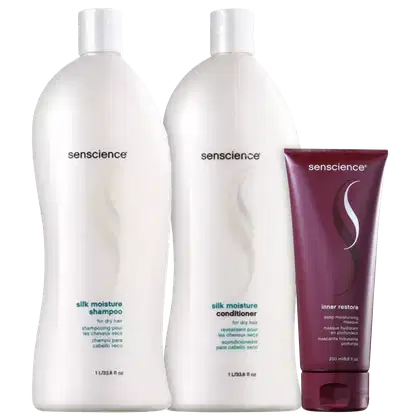 Shampoo e condicionador da linha "Silk Moisture" e um tubo de máscara hidratante "Inner Restore Intensif" da mesma marca. O conjunto parece ser voltado para cabelos secos ou danificados, com foco em hidratação