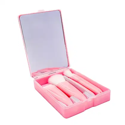 Imagem do produto Kit com 5 pincéis de maquiagem e espelho de mão/bolso/portátil rosa