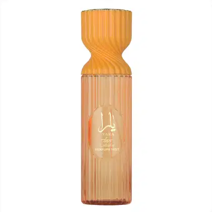 Frasco de perfume Lattafa Yara Tous, com design ondulado em tons de laranja, contendo informações do produto impressas na embalagem.