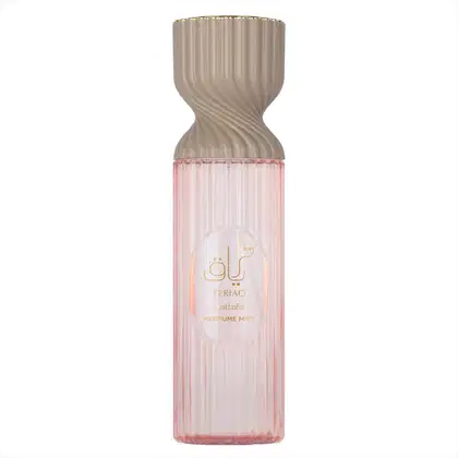 Frasco de perfume Lattafa Teriac com design ondulado em tons de bege e rosa, contendo texto em árabe e inglês indicando "Perfume Mist".