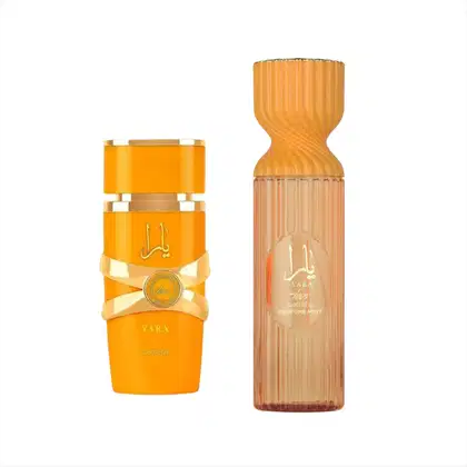 Dois frascos de perfume da marca Lattafa, um em formato cilíndrico com detalhes dourados e outro em formato de ampulheta com textura ondulada, ambos em tons de laranja.