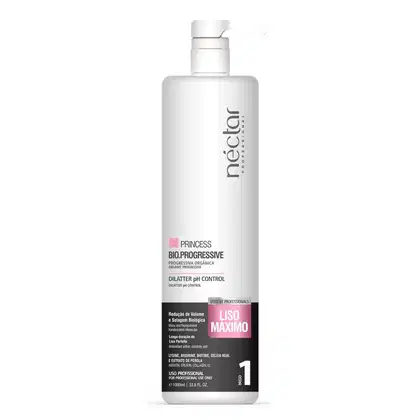 Frasco branco de produto capilar Néctar do Brasil, com rótulo rosa e texto "Princess Bio.Progressive" e "Dilatier pH Control". Indicação de uso profissional e volume de 1000ml.
