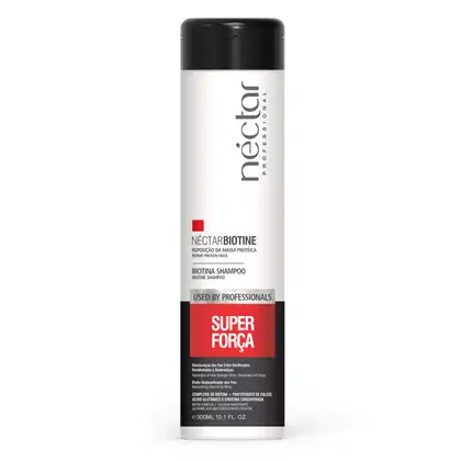 Frasco branco e preto de shampoo da marca Néctar, com rótulo destacando "Super Força" e informações sobre o produto, como "Reparação da Massa Proteica"