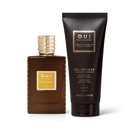 Dois itens de perfumaria masculina: um frasco de item de perfumaria marrom com rótulo dourado e uma embalagem preta com rótulo dourado, contendo um gel de banho e cabelo.