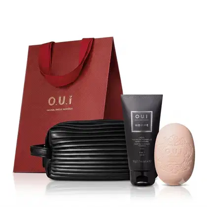 Imagem do produto Combo O.U.i Homme: Creme Multifuncional Pós-Barba 50g + Sabonete em Barra Iconique 00190g + Nécessaire Preto + Caixa de Presente