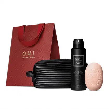 Imagem do produto Combo O.U.i Iconique 001: Sabonete em Barra 90g + Desodorante Antitranspirante Aerossol 125ml + Nécessaire Preto + Caixa de Presente