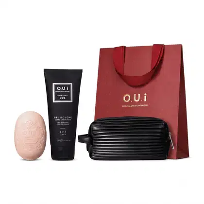 Imagem do produto Combo O.U.i Iconique 001: Gel de Banho 2 em 1 200ml + Sabonete em Barra 90g + Nécessaire Preto + Sacola de Presente