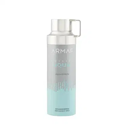 Frasco de perfume corporal Armaf Odyssey Aqua Edition, com design moderno e minimalista em tons de cinza e azul claro. Rótulo com o nome da marca e indicação da edição "Aqua Edition".