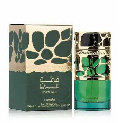 Frasco de perfume Lattafa para mulheres, com embalagem em caixa verde e preta com padrão de folhas, contendo 100 ml de Eau de Parfum.