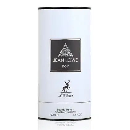Frasco de perfume da marca Maison Alhambra, com rótulo preto e branco apresentando o nome "Jean Lowe noir". O produto é uma Eau de Parfum com volume de 100ml.