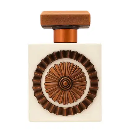 Frasco de perfume Lattafa com tampa laranja e design decorativo em relevo na embalagem branca, exibindo um padrão circular radiante em tons de marrom.