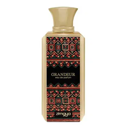 Frasco de perfume Grandeur da marca Zimaya, com design de padrões geométricos em tons de vermelho, verde e preto. O frasco possui formato cilíndrico e tampa dourada.