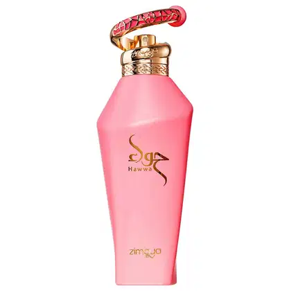 Frasco de perfume Zimaya de cor rosa com detalhes dourados, tampa decorativa em vermelho e texto em árabe. O produto apresenta design elegante e sofisticado.
