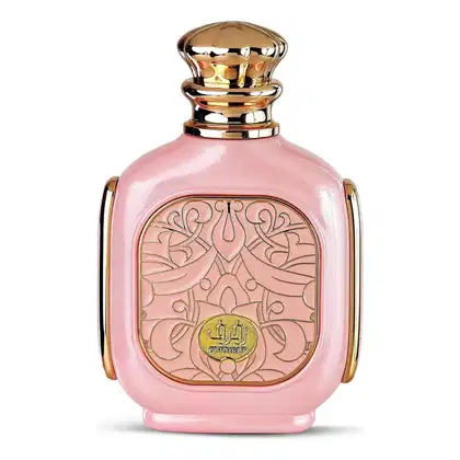 Frasco de perfume rosa com detalhes dourados e decoração ornamental. Rótulo com logotipo da marca Zimaya em destaque.