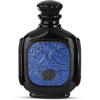 Frasco de perfume Zimaya com design elegante em preto e azul, com detalhes decorativos em relevo e tampa arredondada. Embalagem de vidro com rótulo destacado em azul.