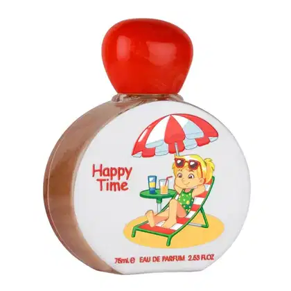 Frasco de perfume Lattafa "Happy Time" com 75ml, apresentando um design colorido com uma figura feminina em uma cadeira de praia e guarda-sol vermelho, em embalagem branca e vermelha.