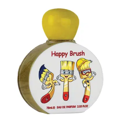 Frasco de perfume com tampa amarela, rótulo branco com ilustrações coloridas e texto "Happy Brush", contendo 75ml de eau de parfum.