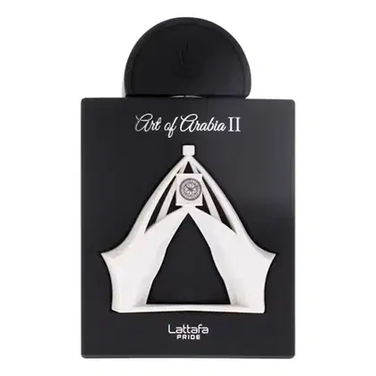 Frasco de perfume preto e branco da linha "Art of Arabia II" da marca Lattafa, com design geométrico e texto em destaque na embalagem.