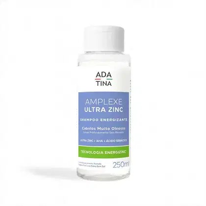 Frasco de shampoo Amplexe Ultra Zinc da marca Adatina, com 250ml de capacidade. O produto apresenta embalagem transparente com rótulo azul e verde, destacando a tecnologia Energizing e a presença de ultra zinc, AHA e ácido sebácico.