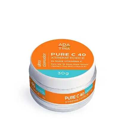 Pote de creme de tratamento capilar da marca Ada Tina, com rótulo laranja e branco, contendo a inscrição "Pure C40 Xtreme Force" e informações sobre vitamina C e ácido hialurônico.