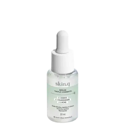 Sérum facial Triplo Combate Skin.q Quem Disse, Berenice? em frasco verde e branco com conta-gotas branco e letras pretas.