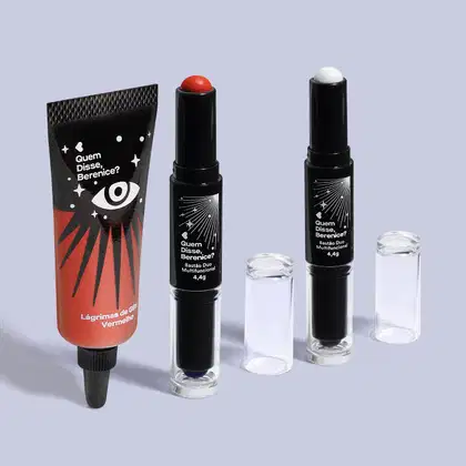 Imagem do produto Combo Halloween QDB: Lágrimas de Glitter Vermelho 9ml + Bastão Duo Laranja e Roxo 4,4g + Bastão Duo Preto e Branco 4,4g