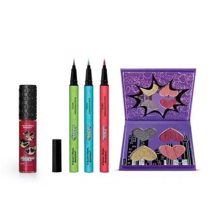 Imagem do produto Combo QDB As Meninas Superpoderosas: Mini Paleta de Sombras 4g + 3 Canetas Delineadoras 0,4g cada + Lip Oil Translúcido 9,5ml