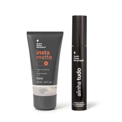Dois itens de maquiagem da marca Quem Disse, Berenice?: um primer mate instantâneo de longa duração em tubo preto e uma máscara incolor para cílios e sobrancelhas em embalagem preta.