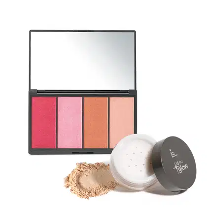 Combo contendo paleta de maquiagem multifuncional em embalagem preta retangular com quatro produtos em pó compacto em tons de rosa, laranja e pêssego e espelho na tampa. Acompanha embalagem redonda de pó solto bege e logotipo Tô no Glow na tampa.