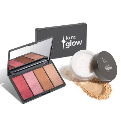 Paleta de sombras e pó iluminador da marca Tô no Glow, em embalagem preta com logotipo. Contém sombras em tons de rosa e laranja, além de um pó iluminador em recipiente separado.