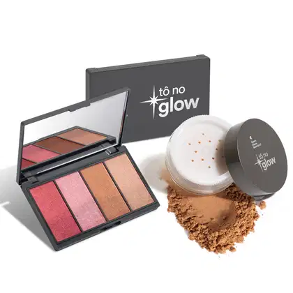 Paleta de sombras com tons rosados e dourados em embalagem preta com logotipo "Tô no Glow", acompanhada de pó compacto em recipiente com tampa perfurada.