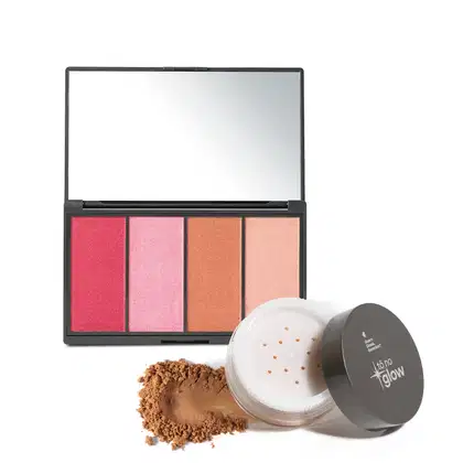 Combo contendo paleta de maquiagem multifuncional em embalagem preta retangular com quatro produtos em pó compacto em tons de rosa, laranja e pêssego e espelho na tampa. Acompanha embalagem redonda de pó solto marrom claro e logotipo Tô no Glow na tampa.