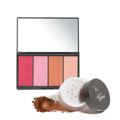 Combo contendo paleta de maquiagem multifuncional em embalagem preta retangular com quatro produtos em pó compacto em tons de rosa, laranja e pêssego e espelho na tampa. Acompanha embalagem redonda de pó solto acobreado com logotipo Tô no Glow na tampa.