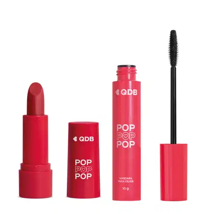 Imagem de dois produtos da marca POP Quem Disse, Berenice? contendo um batom cremoso em embalagem rosa na cor Rosa Radiante e uma máscara de cílios em tubo rosa com aplicador preto. 