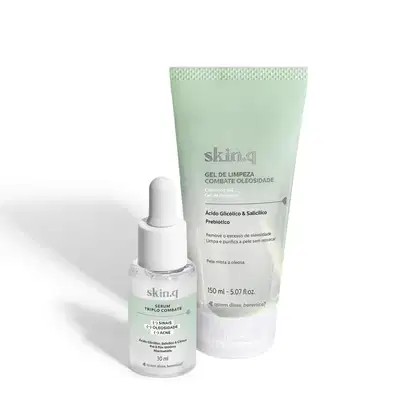 Imagem de dois produtos de cuidados para a pele da marca Skin.Q: um gel de limpeza facial e uma bisnaga sérum facial, ambas embalagens na cor verde-claro e branco com letras pretas. Ao fundo, um leve sombreado.