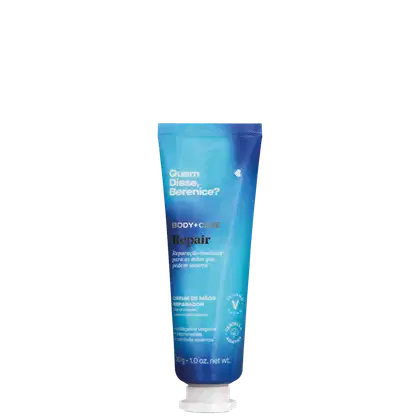 Bisnaga azul com letras brancas e pretas contendo 30g de creme reparador para as mãos da marca Repair Quem Disse, Berenice?.