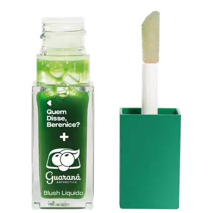 Blush líquido em embalagem transparente, tampa verde, haste branca e aplicador verde claro da marca Guaraná Antarctica Quem Disse, Berenice?.