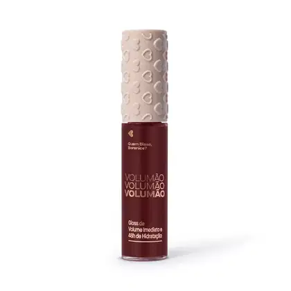 Gloss labial Vermelho Cereja Explosão Volumão Quem Disse, Berenice? em tubo vermelho cereja, tampa branca com textura de corações e letras douradas.