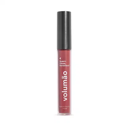Frasco transparente com líquido rosa, tampa preta e letras brancas contendo 4ml de batom líquido Volumão Rosa Roseli Quem Disse, Berenice?.